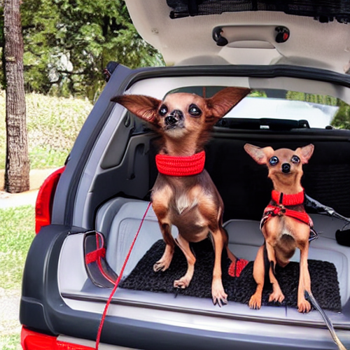 chocolate chihuahua in back of SUV holding red leash